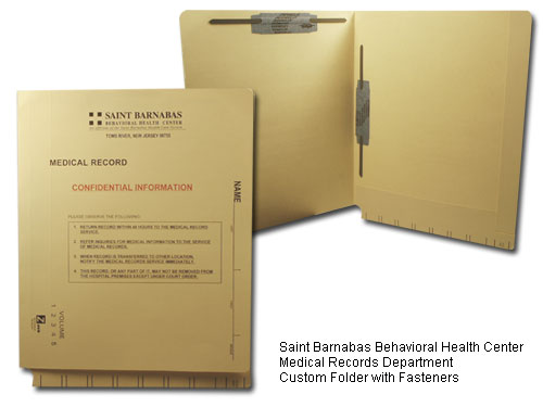 Saint Barnabas Behavioral Health Center Medical Records Department Custom Folder with Fasteners